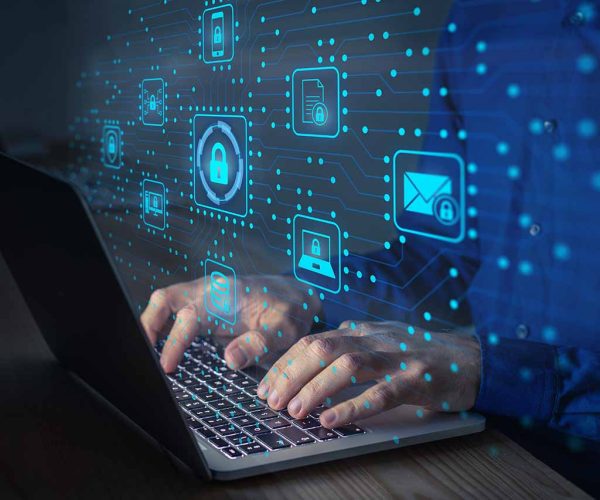 Cyber security IT engineer working on protecting network against cyberattack from hackers on internet. Secure access for online privacy and personal data protection. Hands typing on keyboard and PCB